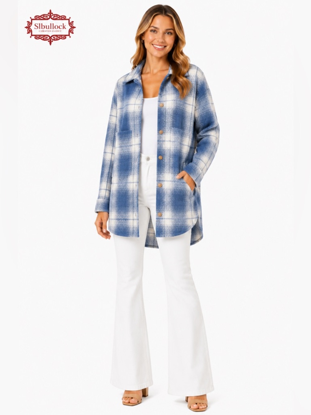 S27 Miss Love Size Large Blue Plaid Shacket Button Front Oversized Shirt Jacket